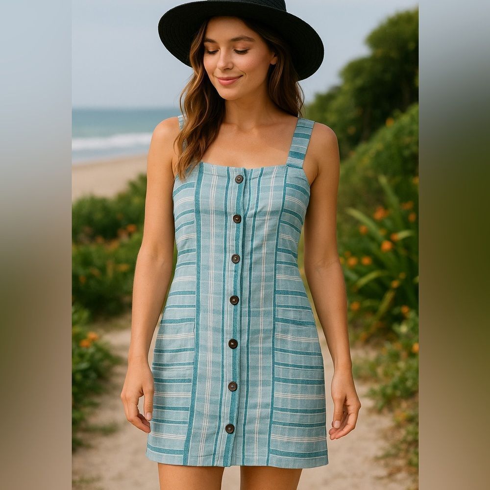 Roxy Striped Button-Front Mini Dress Blue White Cotton Beachwear L